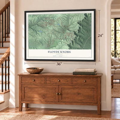 Floyds Knobs, Indiana map, 24 x 36 inch print in a black frame above a dresser by a staircase