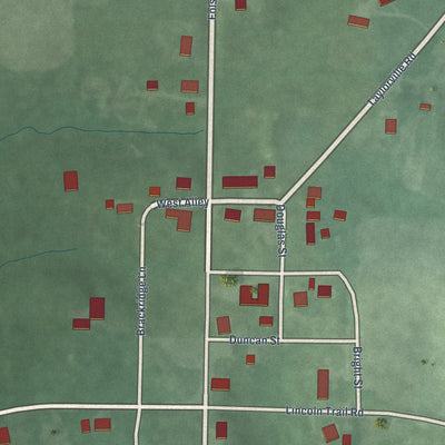Close-up of the map of Folsomville, Indiana print showing street and building detail