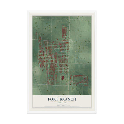 Map of Fort Branch, Indiana, 12 x 18 inch print in a white wood frame