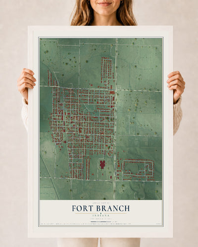 Map of Fort Branch, Indiana, 24 x 36 inch print in a white wood frame