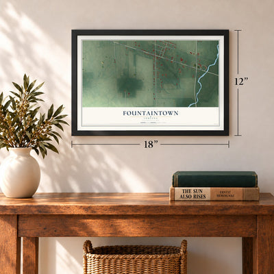 Fountaintown, Indiana map, 12 x 18 inch print in a black frame in an entryway