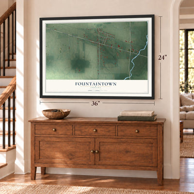 Fountaintown, Indiana map, 24 x 36 inch print in a black frame above a dresser by a staircase