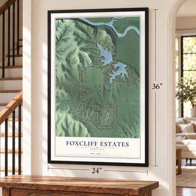 Foxcliff Estates, Indiana map, 24 x 36 inch print in a black frame by a staircase