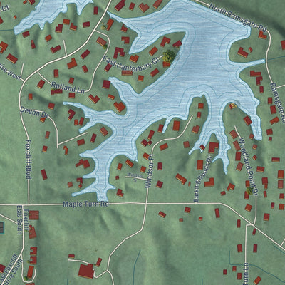 Close-up of the map of Foxcliff Estates, Indiana print showing street and building detail