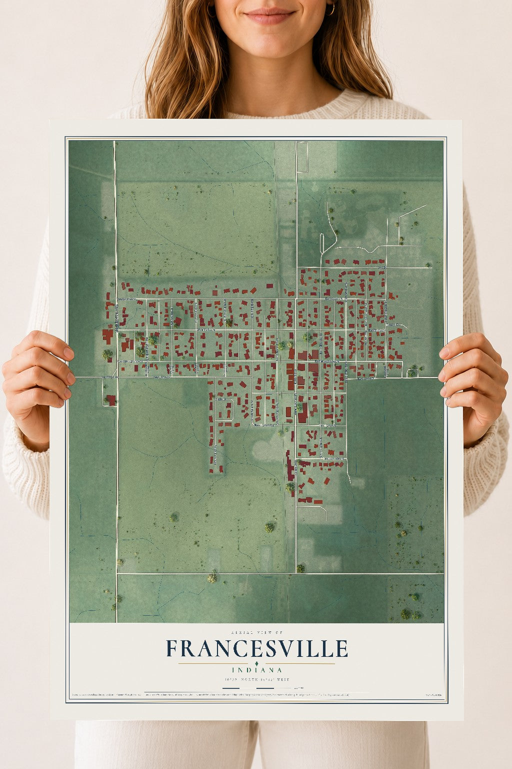 Map of Francesville, Indiana, 18 x 24 inch unframed archival matte print