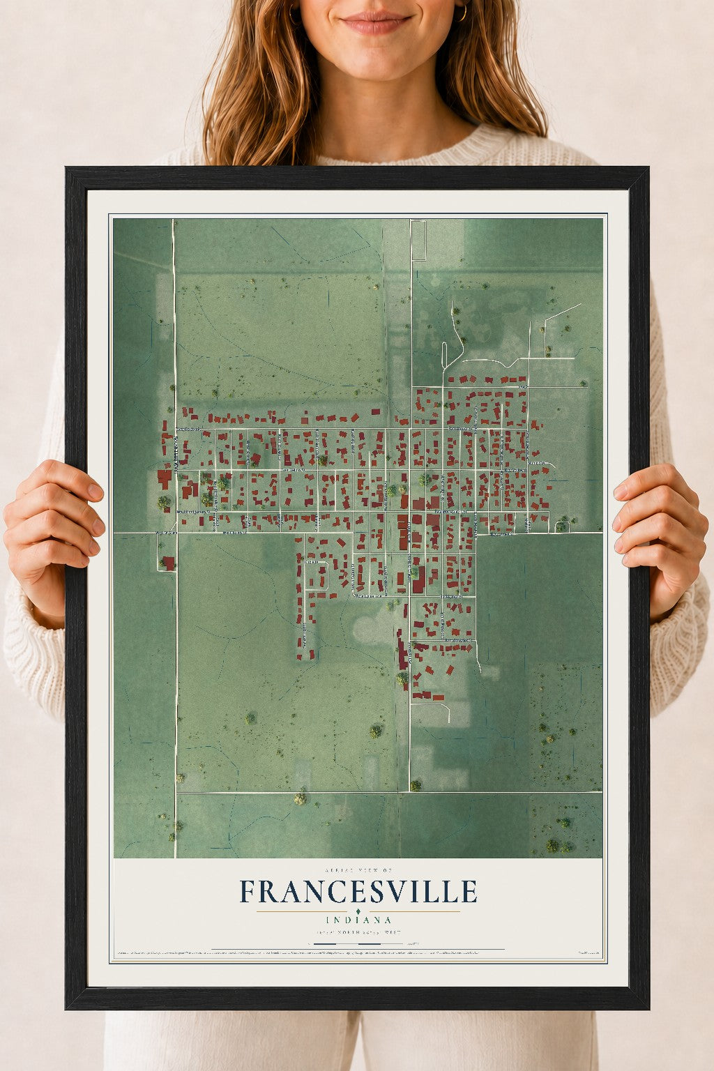 Map of Francesville, Indiana, 18 x 24 inch print in a black wood frame