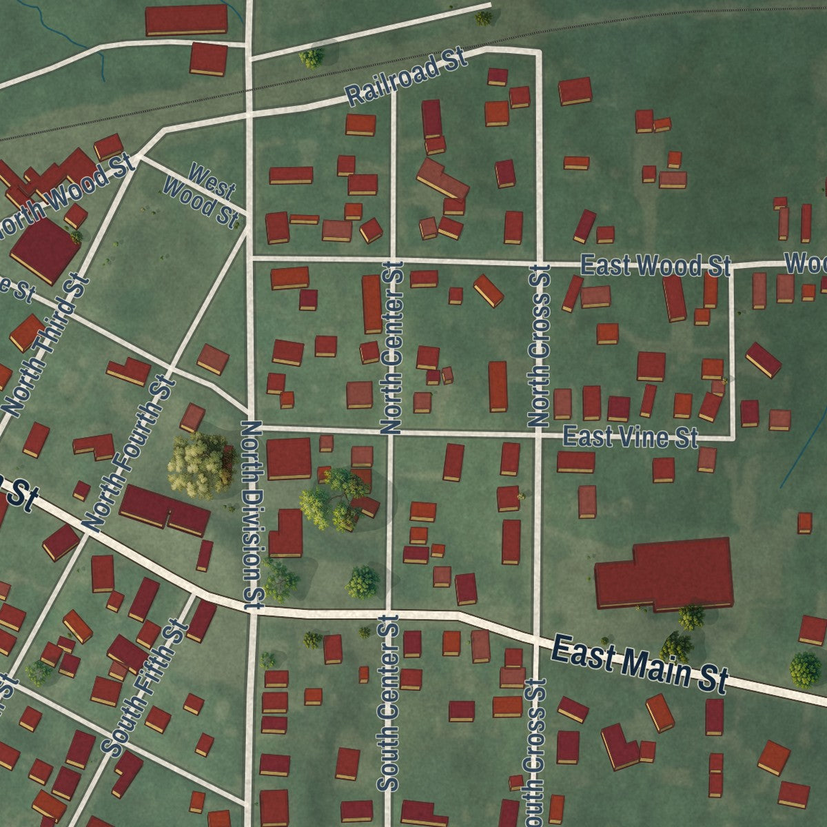 Close-up of the map of Francisco, Indiana print showing street and building detail