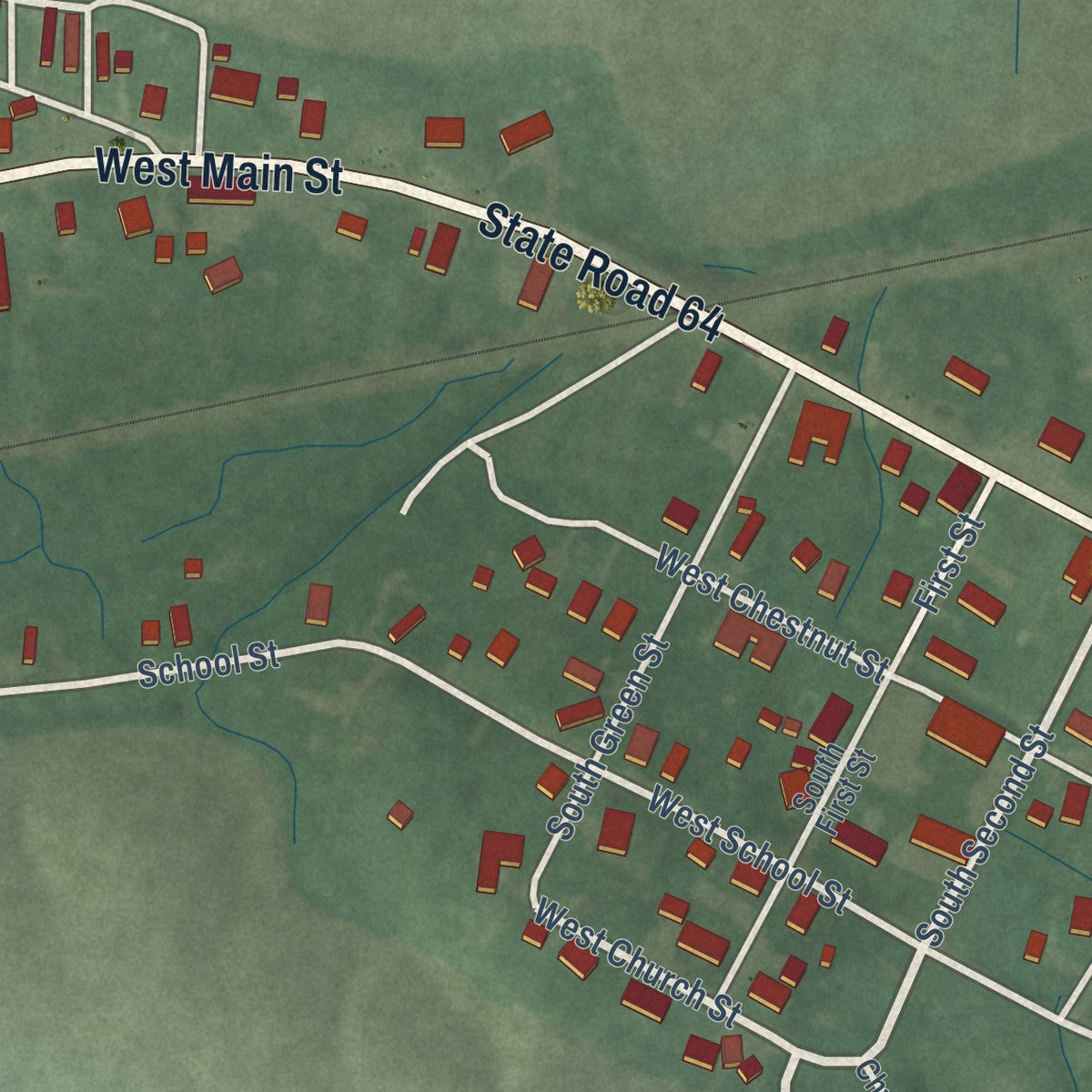 Second close-up of the map of Francisco, Indiana print showing more streets and buildings