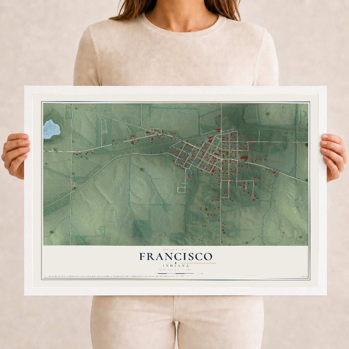 Map of Francisco, Indiana, 12 x 18 inch print in a white wood frame