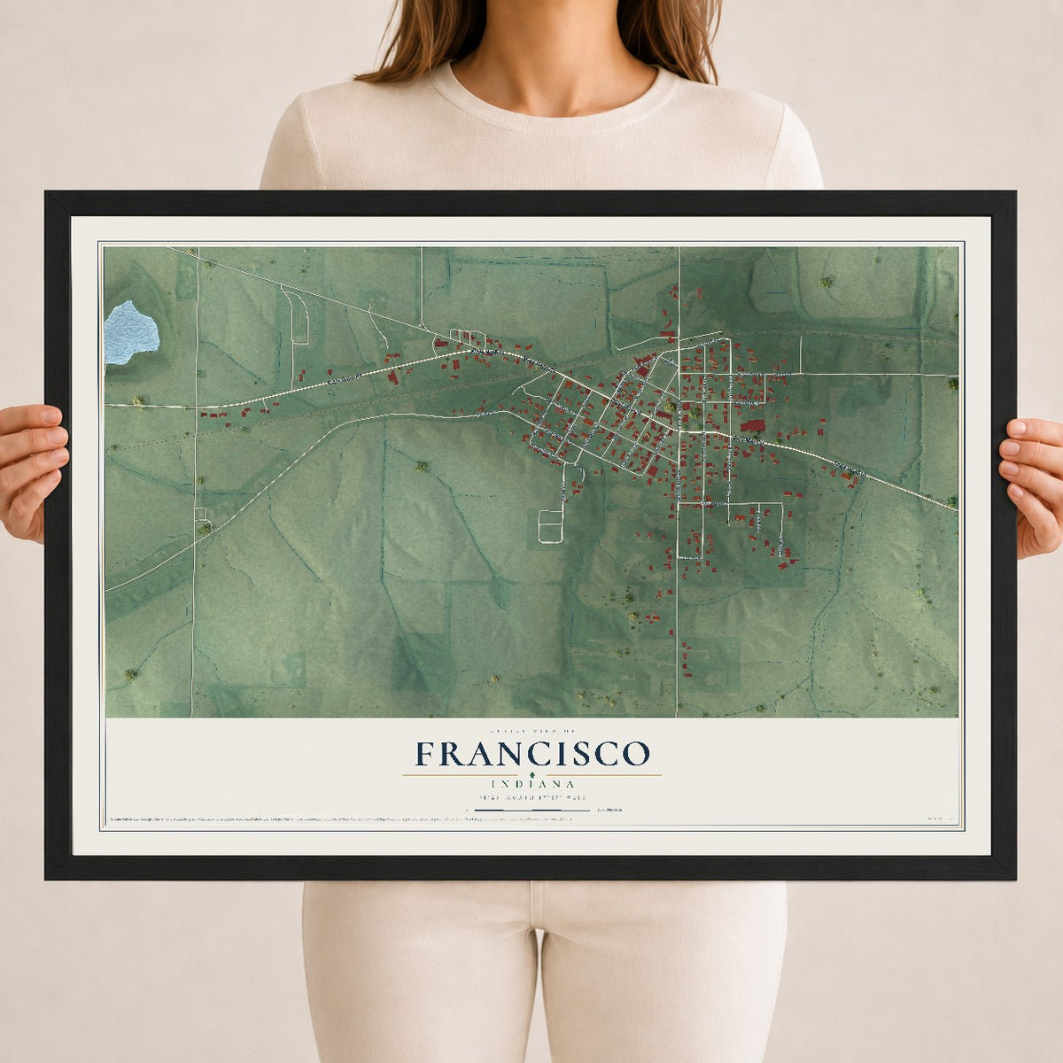Map of Francisco, Indiana, 18 x 24 inch print in a black wood frame