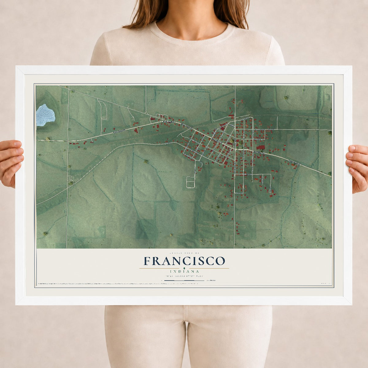Map of Francisco, Indiana, 18 x 24 inch print in a white wood frame