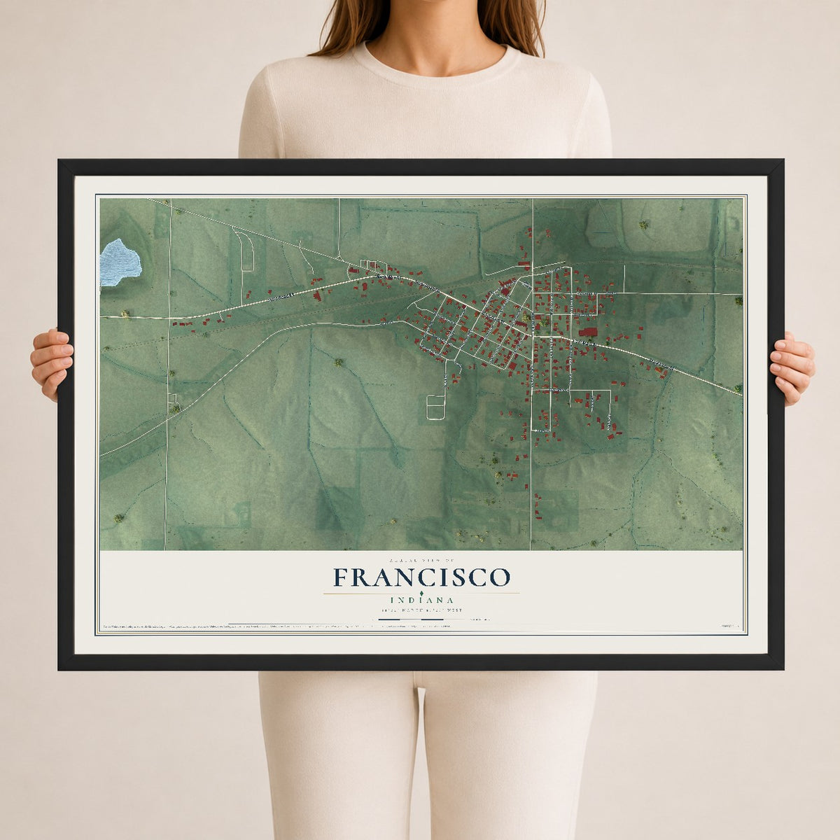 Map of Francisco, Indiana, 24 x 36 inch print in a black wood frame