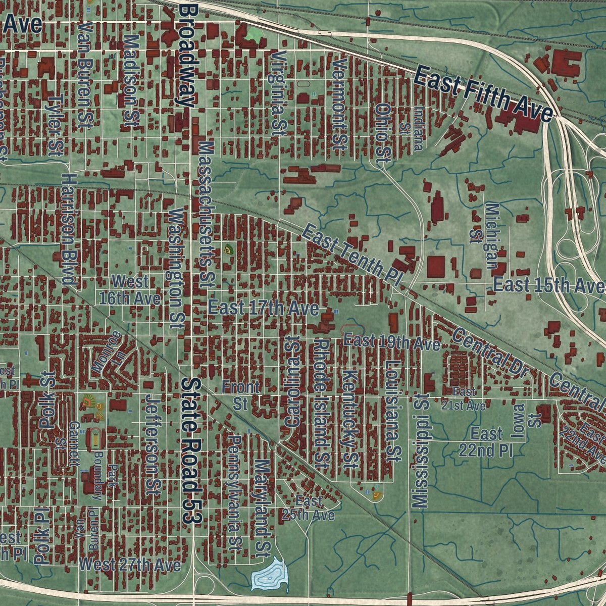 Close-up of the map of Gary, Indiana print showing street and building detail