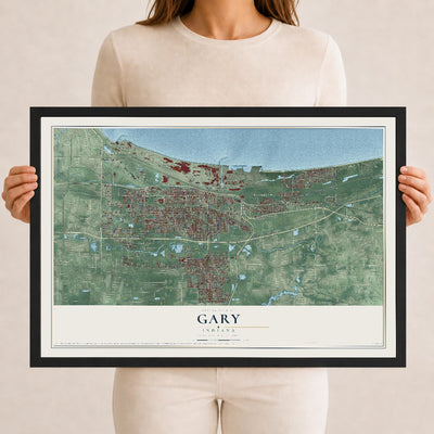 Map of Gary, Indiana, 12 x 18 inch print in a black wood frame