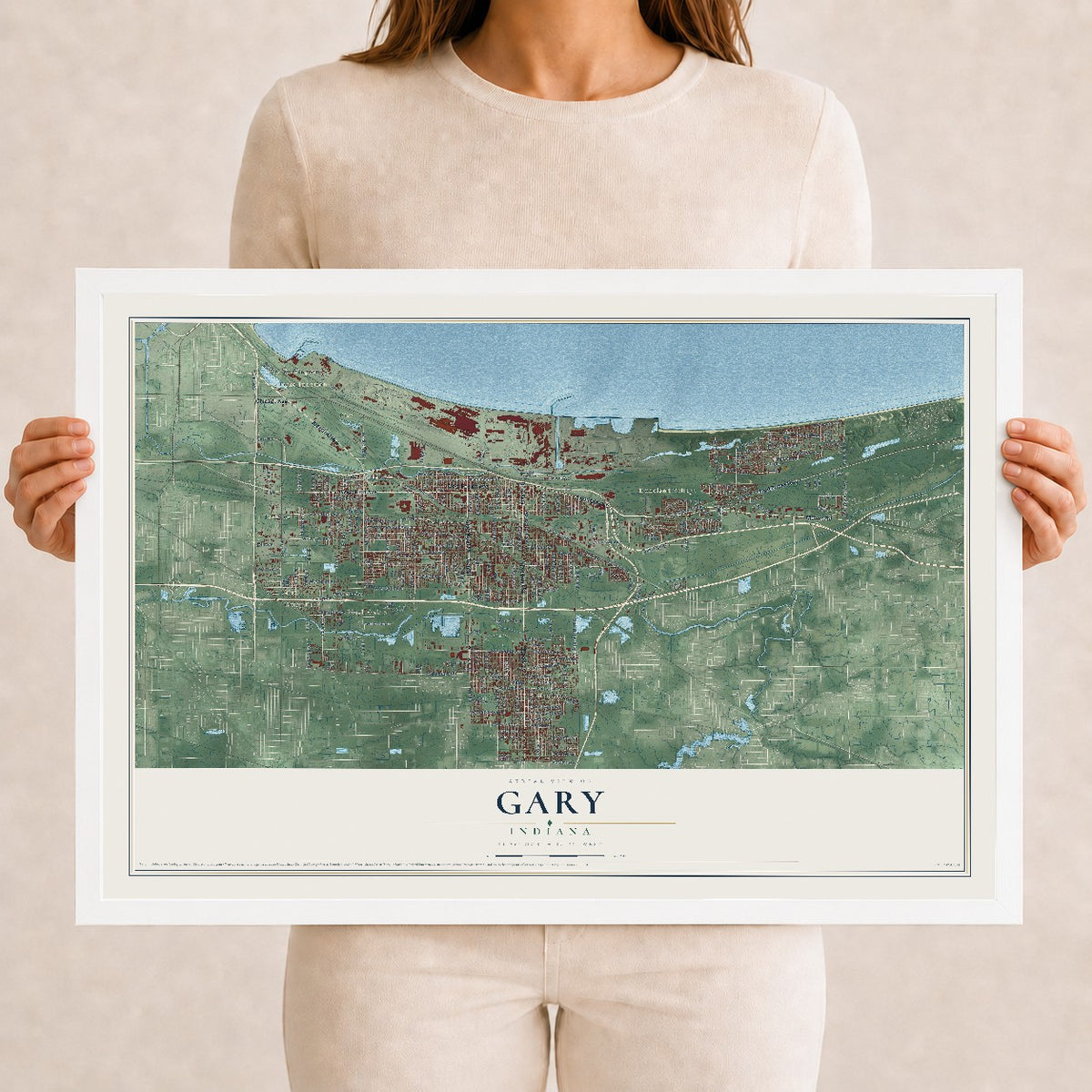 Map of Gary, Indiana, 12 x 18 inch print in a white wood frame