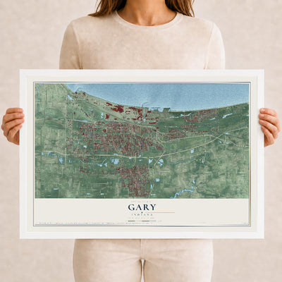 Map of Gary, Indiana, 12 x 18 inch print in a white wood frame
