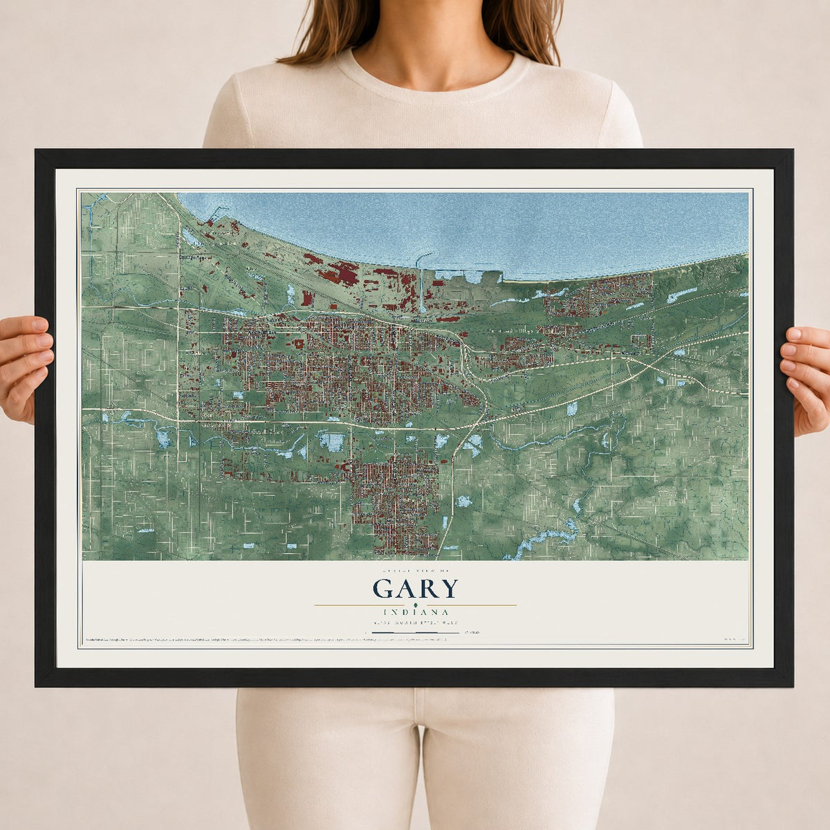 Map of Gary, Indiana, 18 x 24 inch print in a black wood frame