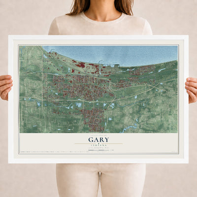 Map of Gary, Indiana, 18 x 24 inch print in a white wood frame