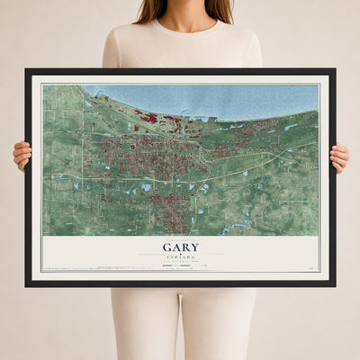 Map of Gary, Indiana, 24 x 36 inch print in a black wood frame