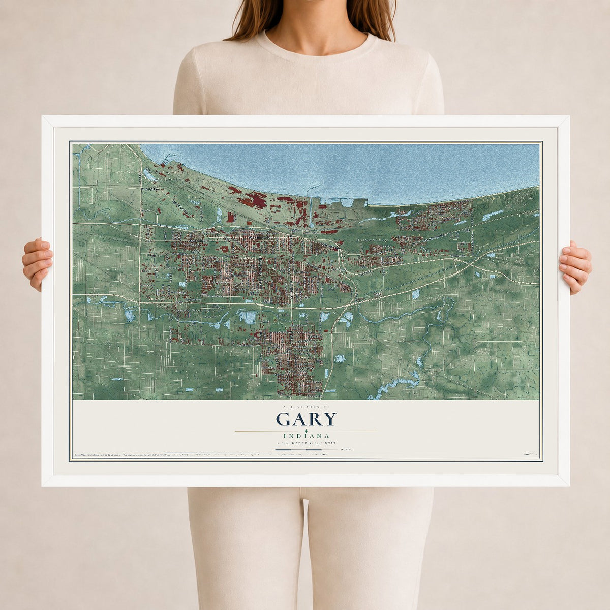 Map of Gary, Indiana, 24 x 36 inch print in a white wood frame