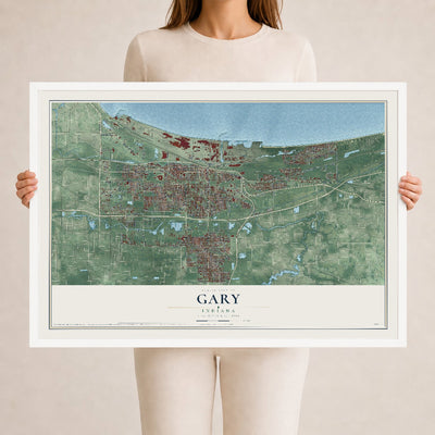 Map of Gary, Indiana, 24 x 36 inch print in a white wood frame