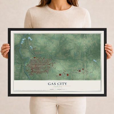 Map of Gas City, Indiana, 12 x 18 inch print in a black wood frame