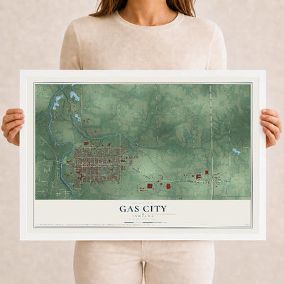 Map of Gas City, Indiana, 12 x 18 inch print in a white wood frame