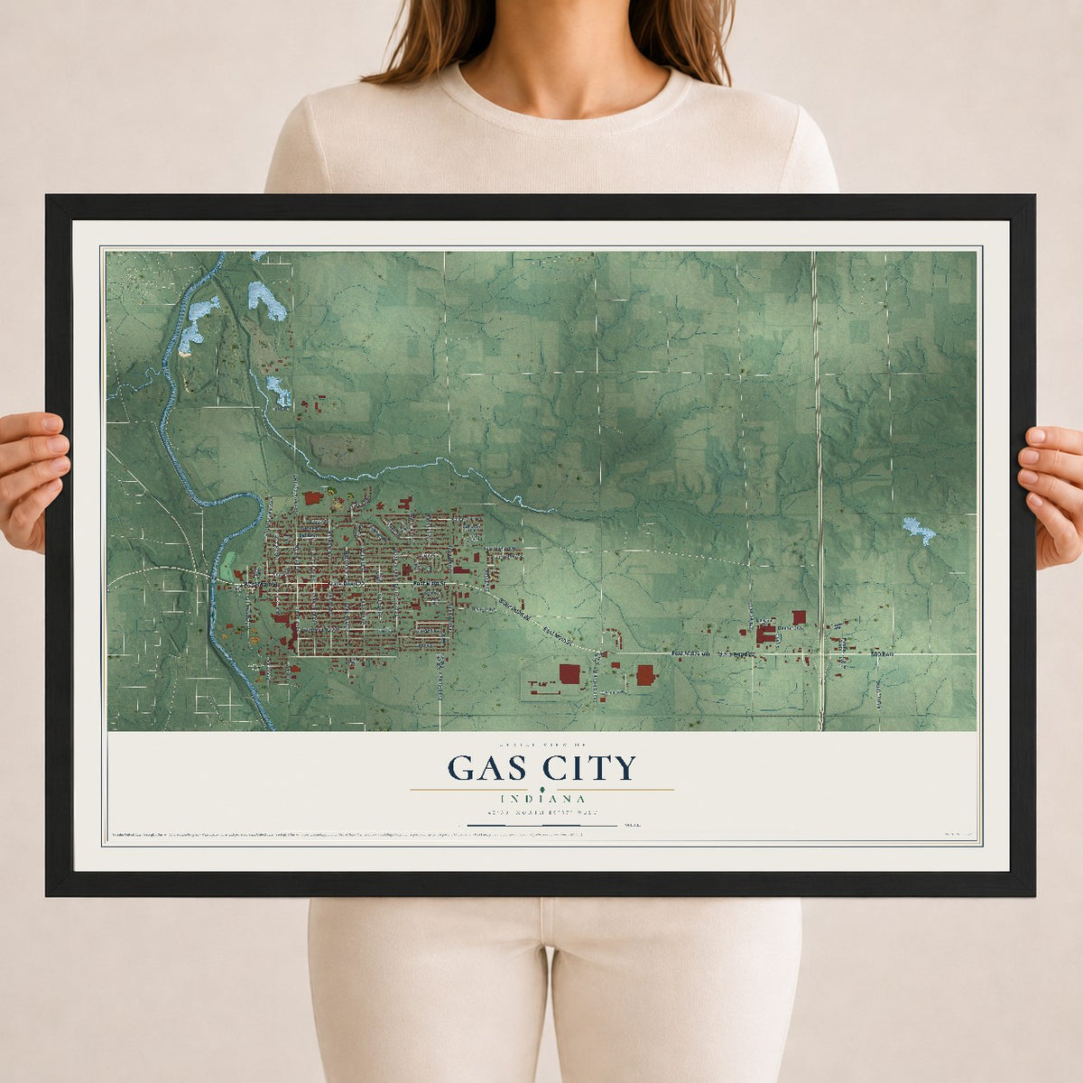 Map of Gas City, Indiana, 18 x 24 inch print in a black wood frame