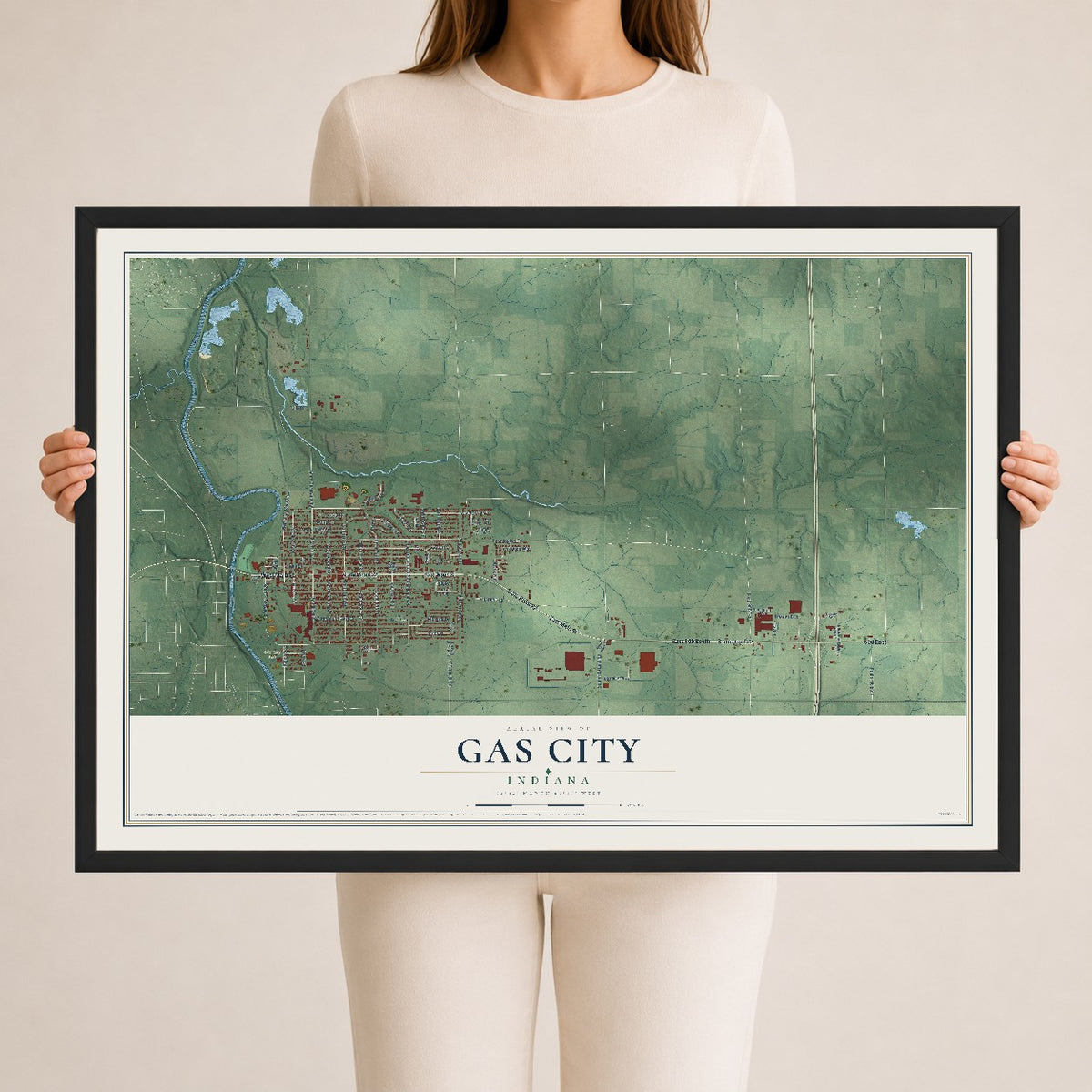 Map of Gas City, Indiana, 24 x 36 inch print in a black wood frame