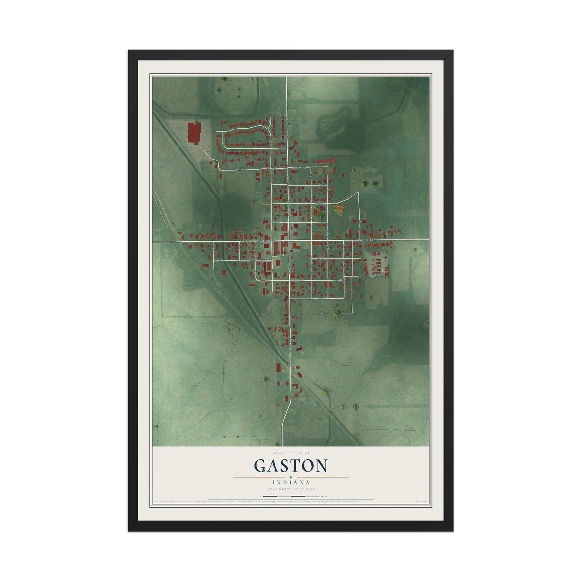 Map of Gaston, Indiana, 12 x 18 inch print in a black wood frame