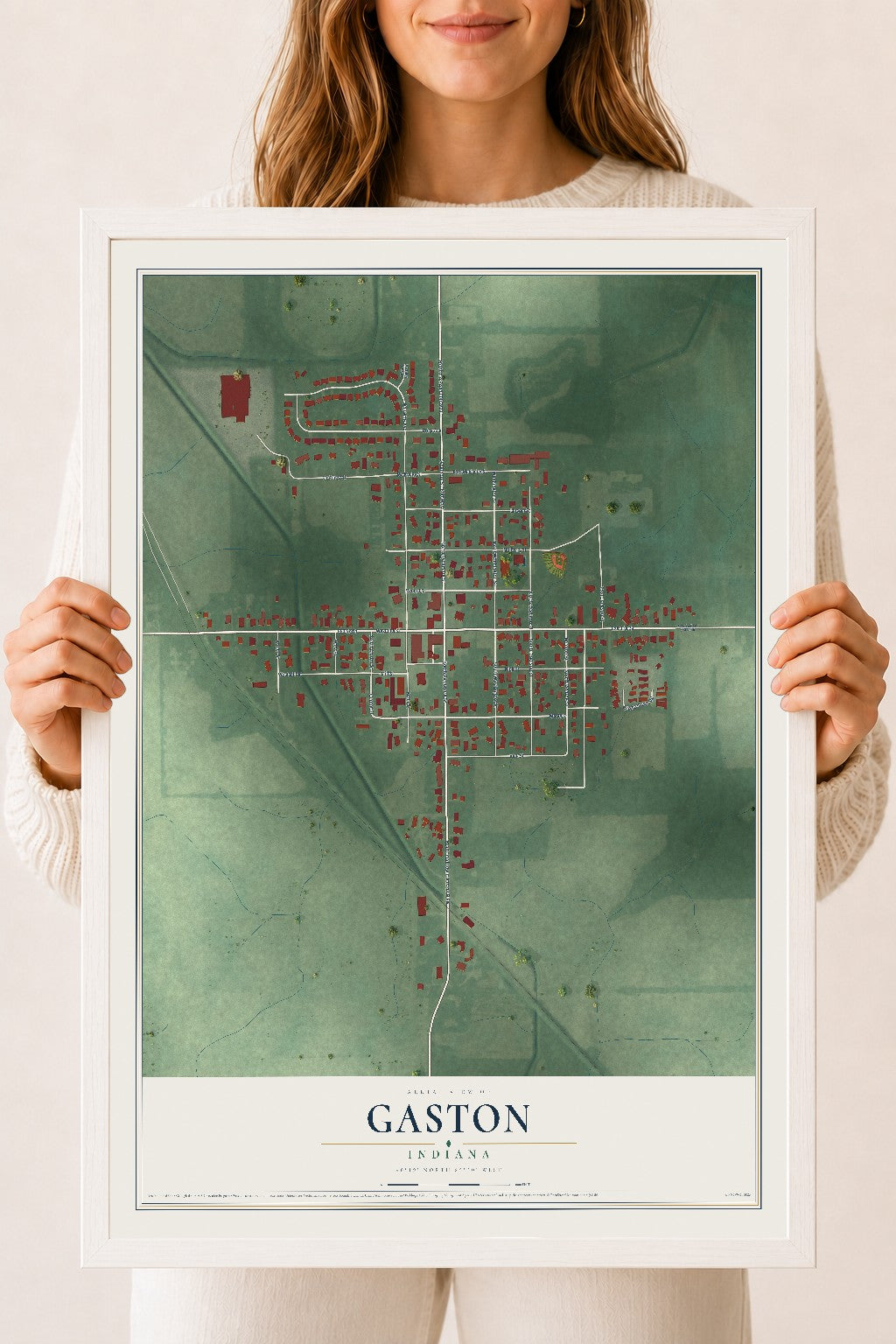 Map of Gaston, Indiana, 18 x 24 inch print in a white wood frame
