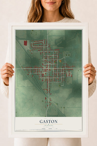 Map of Gaston, Indiana, 18 x 24 inch print in a white wood frame