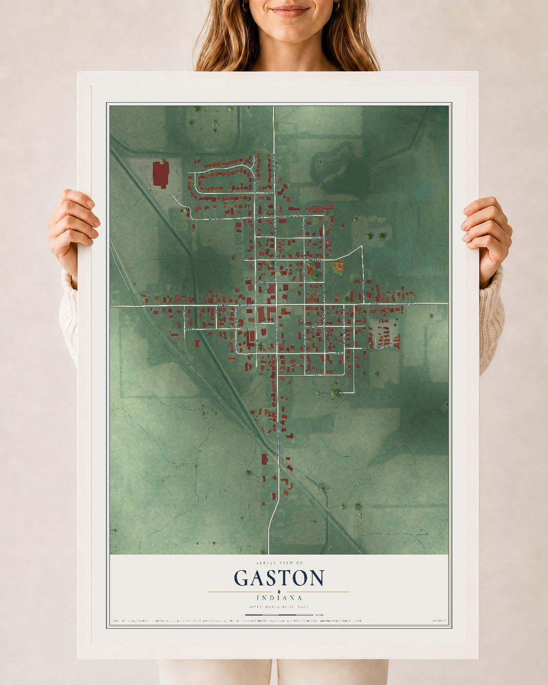 Map of Gaston, Indiana, 24 x 36 inch print in a white wood frame