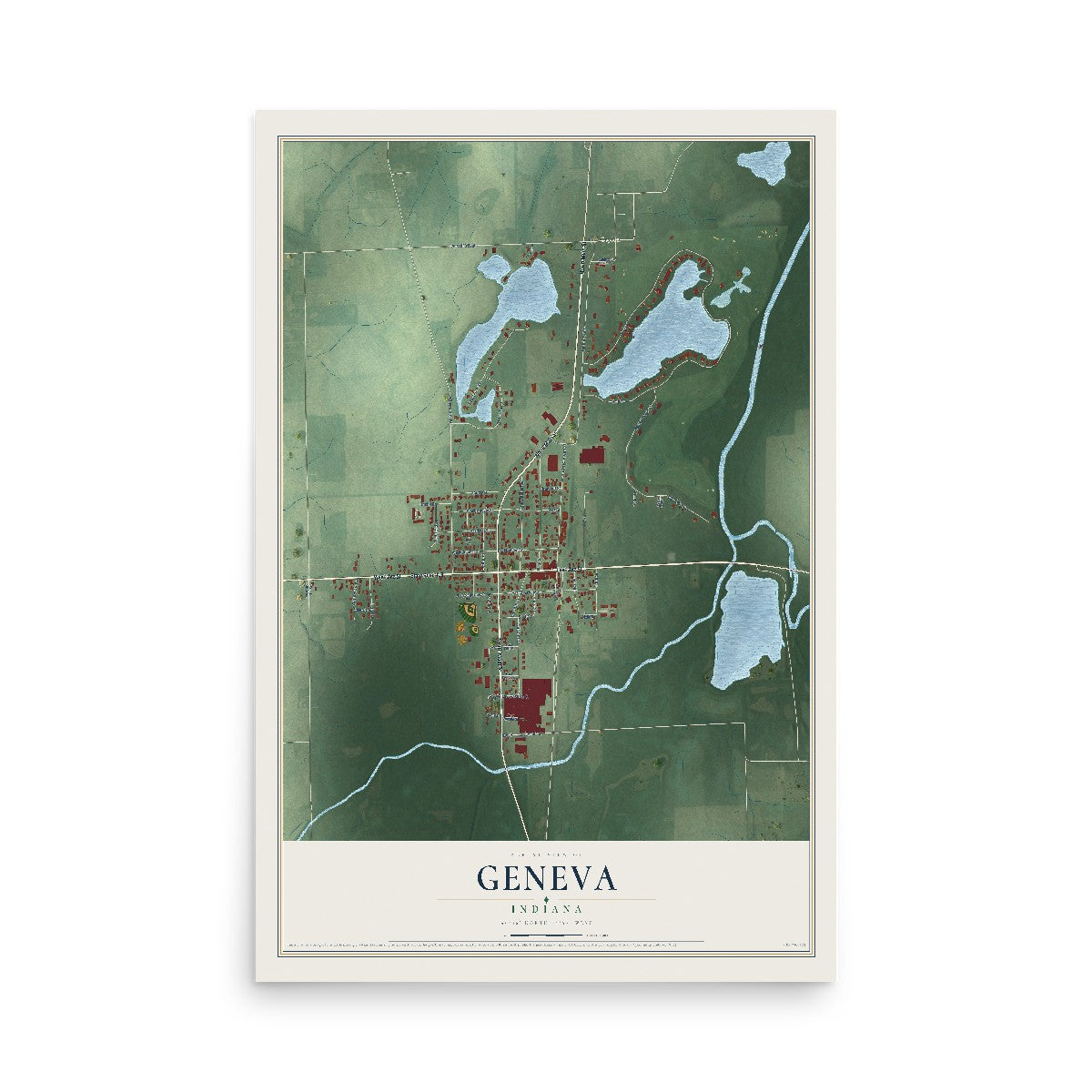 Map of Geneva, Indiana, 12 x 18 inch unframed archival matte print