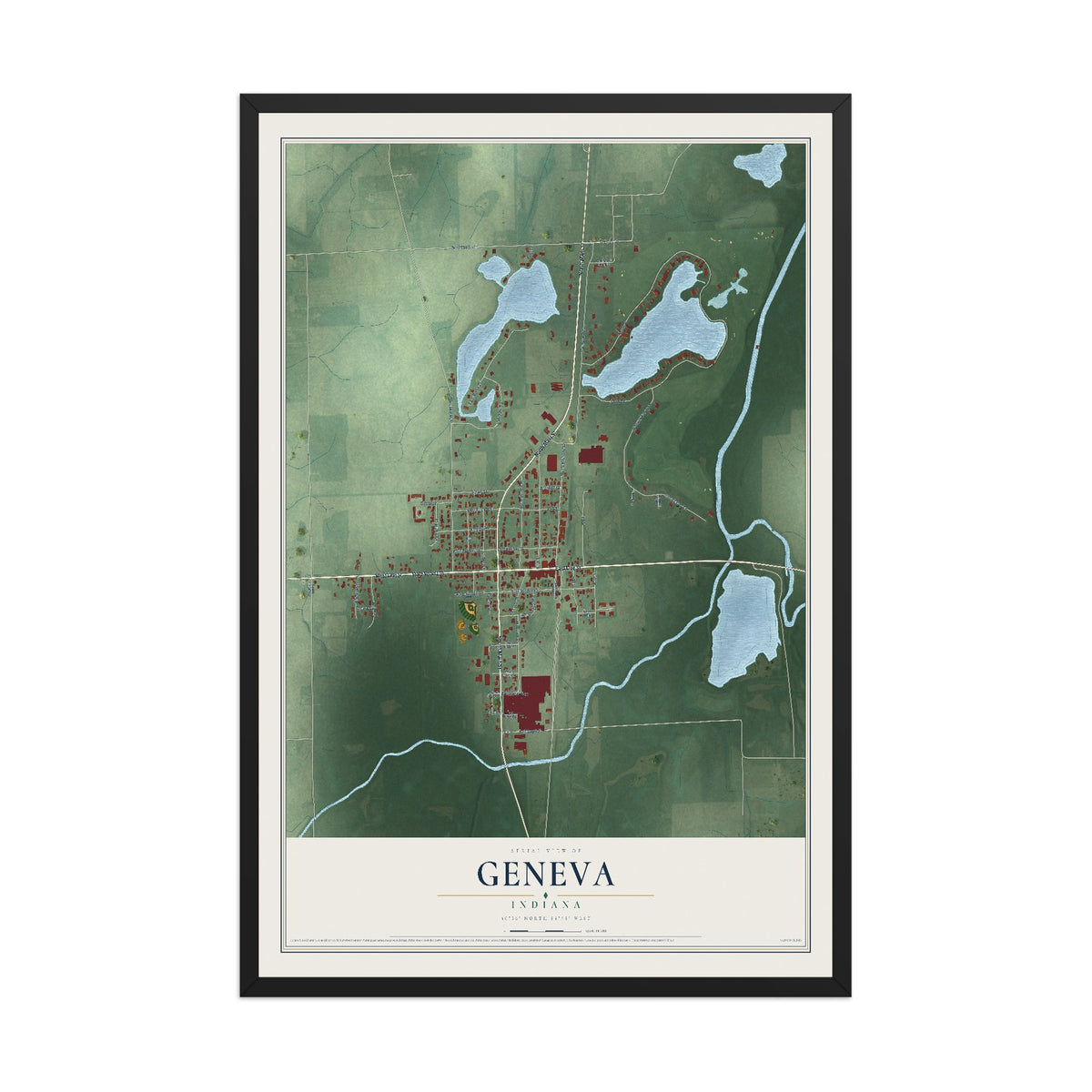 Map of Geneva, Indiana, 12 x 18 inch print in a black wood frame