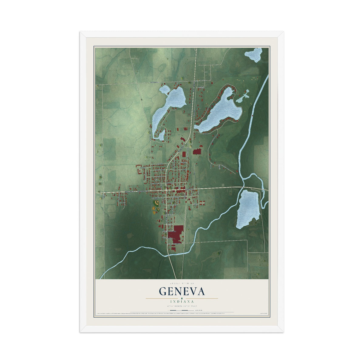 Map of Geneva, Indiana, 12 x 18 inch print in a white wood frame