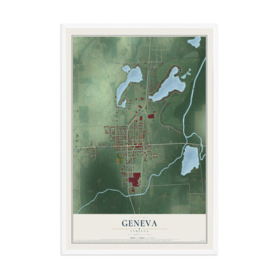 Map of Geneva, Indiana, 12 x 18 inch print in a white wood frame
