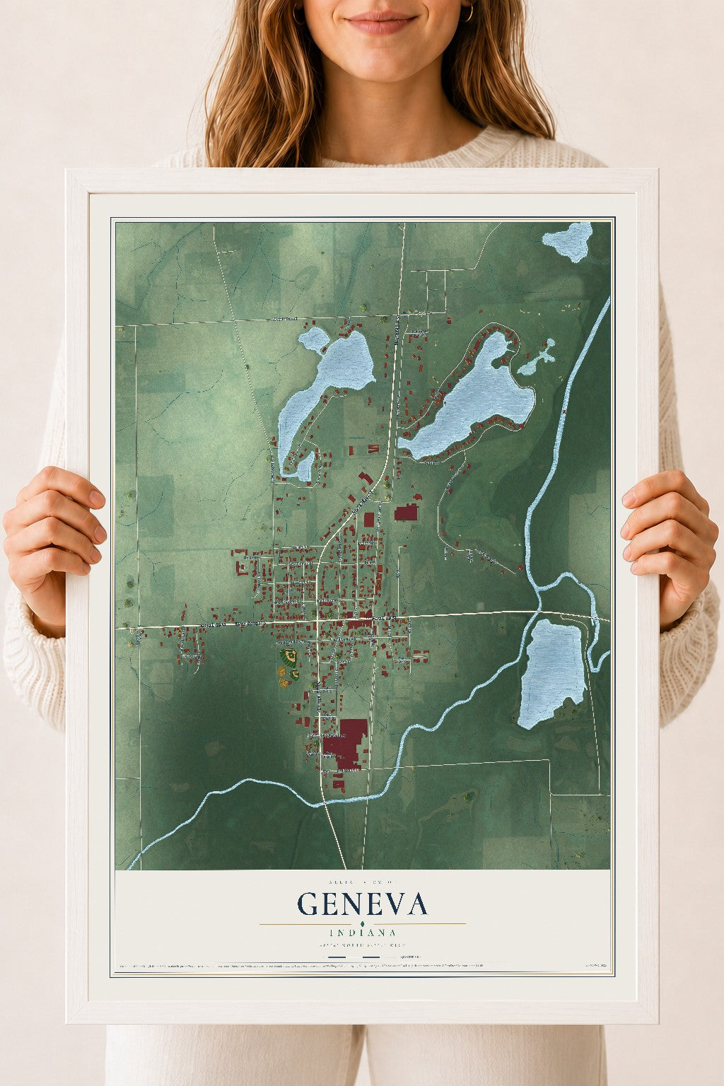 Map of Geneva, Indiana, 18 x 24 inch print in a white wood frame