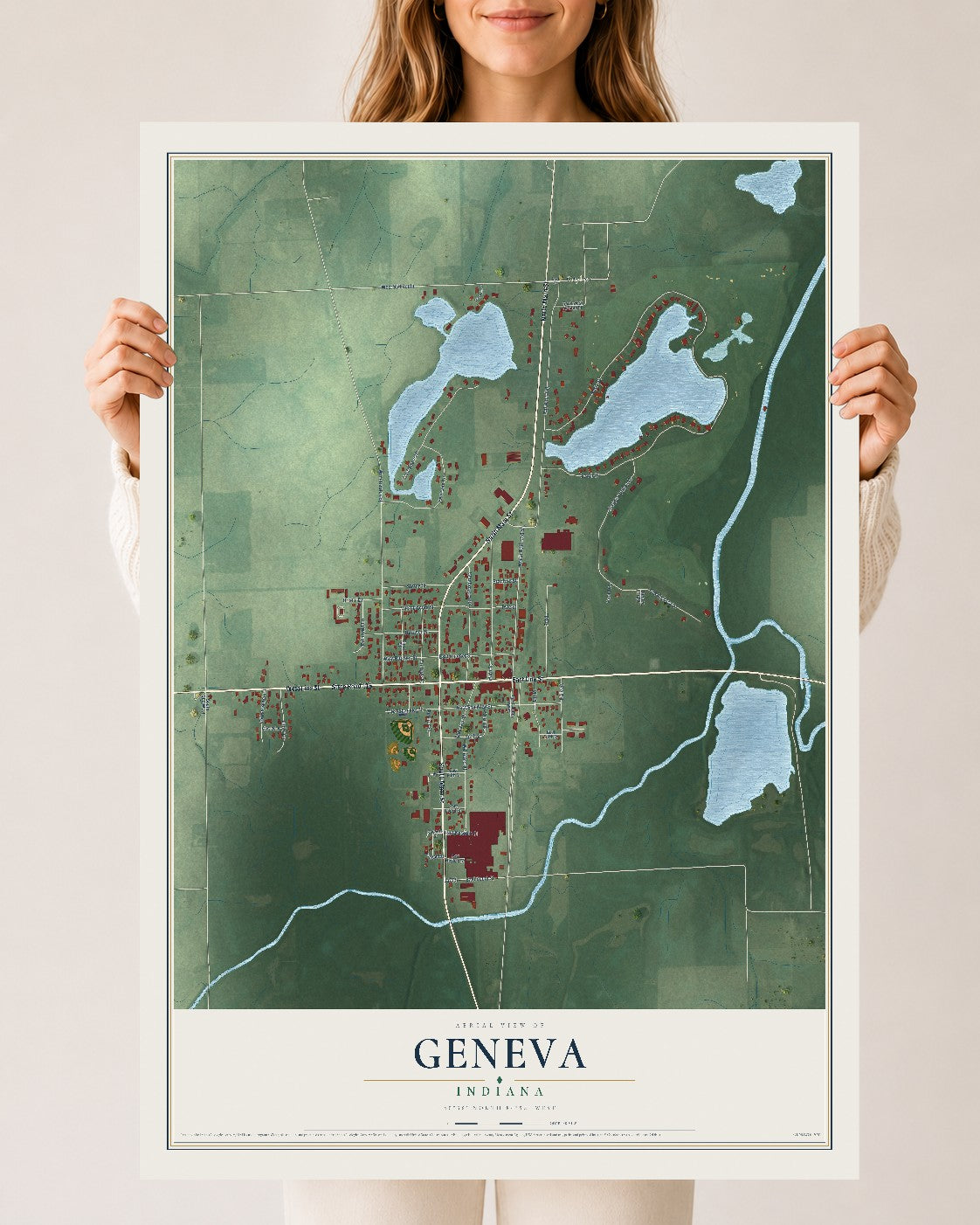 Map of Geneva, Indiana, 24 x 36 inch unframed archival matte print