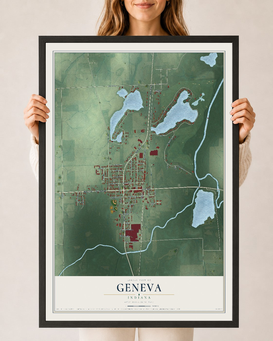 Map of Geneva, Indiana, 24 x 36 inch print in a black wood frame