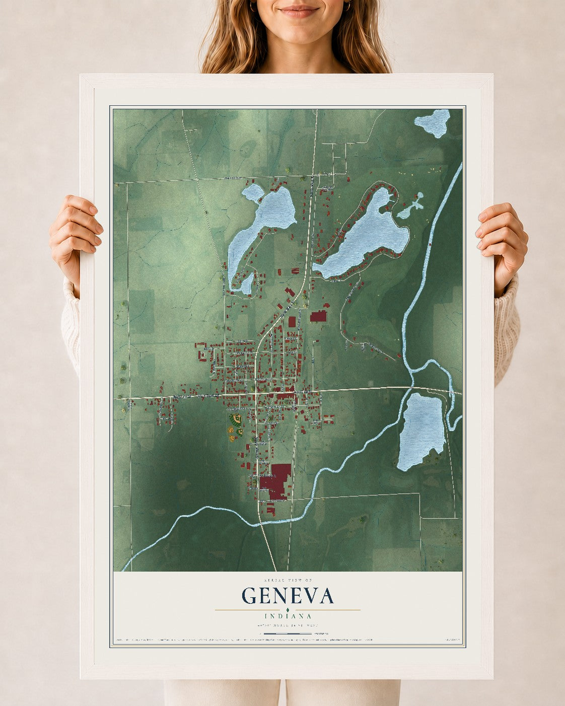 Map of Geneva, Indiana, 24 x 36 inch print in a white wood frame