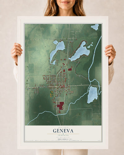 Map of Geneva, Indiana, 24 x 36 inch print in a white wood frame