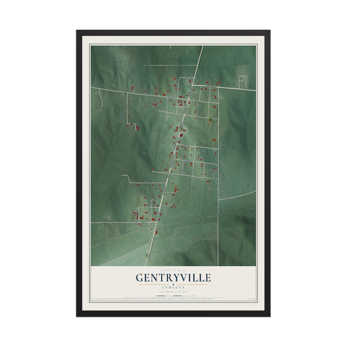 Map of Gentryville, Indiana, 12 x 18 inch print in a black wood frame