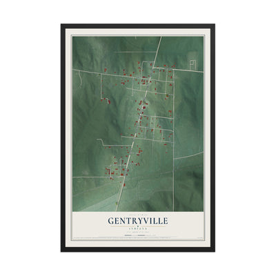 Map of Gentryville, Indiana, 12 x 18 inch print in a black wood frame