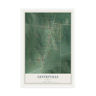 Map of Gentryville, Indiana, 12 x 18 inch print in a white wood frame