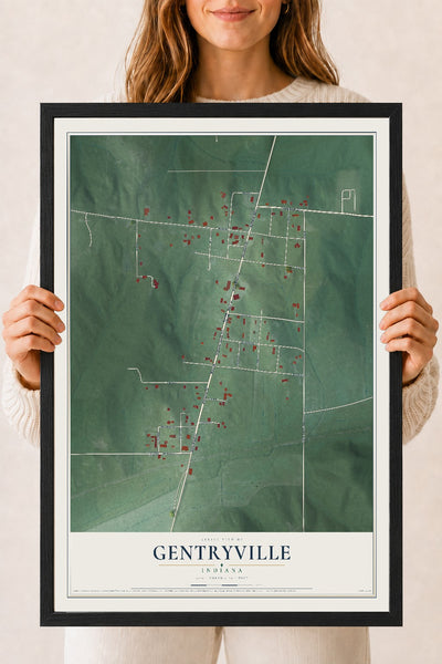Map of Gentryville, Indiana, 18 x 24 inch print in a black wood frame