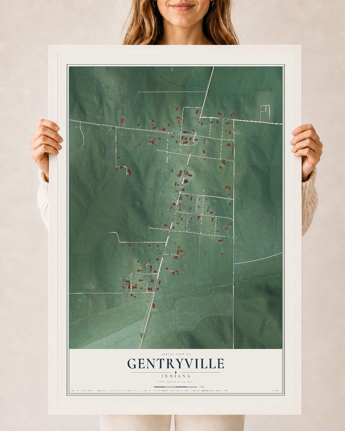 Map of Gentryville, Indiana, 24 x 36 inch print in a white wood frame