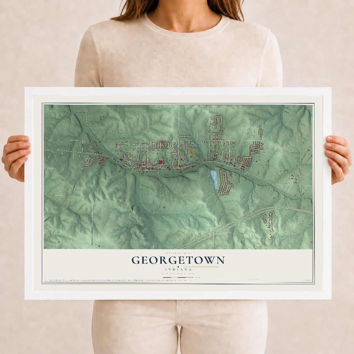 Map of Georgetown, Indiana, 12 x 18 inch print in a white wood frame