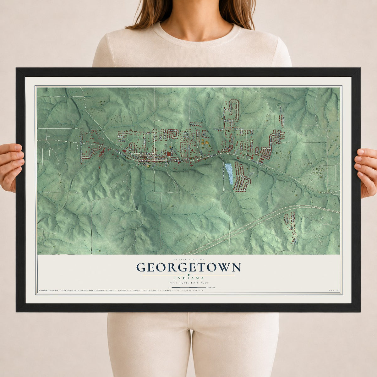 Map of Georgetown, Indiana, 18 x 24 inch print in a black wood frame