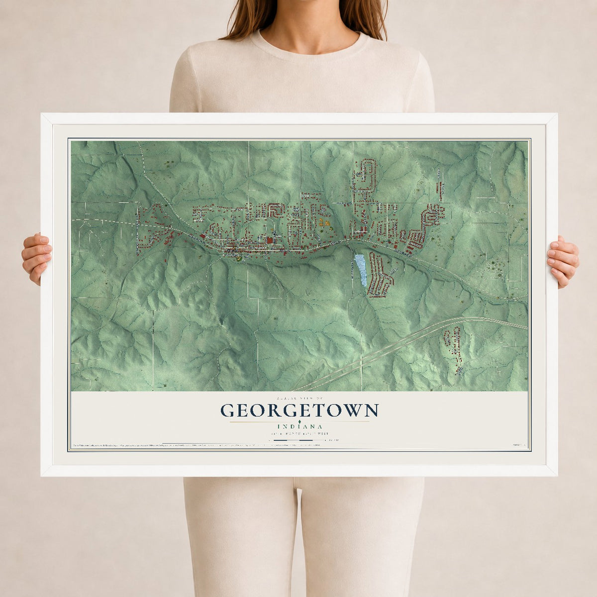 Map of Georgetown, Indiana, 24 x 36 inch print in a white wood frame